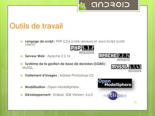 35

Outils de travail


Langage de script : PHP 5.3.6 (coté serveur) et Java Script (coté
client).



Serveur Web : Apache 2.2.14

Système de la gestion de base de données (SGBD) :
MySQL.





Traitement d’images : Adobe Photoshop CS



Modélisation : Open ModelSphere .



Développement : Eclipse SDK Version: 3.6.2
33

 
