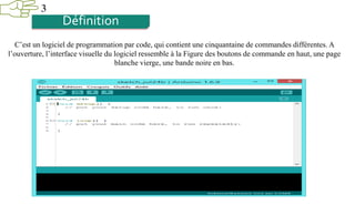 3
Définition
C’est un logiciel de programmation par code, qui contient une cinquantaine de commandes différentes. A
l’ouverture, l’interface visuelle du logiciel ressemble à la Figure des boutons de commande en haut, une page
blanche vierge, une bande noire en bas.
 
