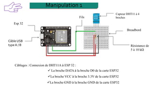 Capteur DHT11 à 4
broches
Esp 32
Breadbord
Câble USB
type A / B
Fils
Résistance de
5 à 10 kΩ
Câblages : Connexion de DHT11A à ESP 32 :
 La broche DATA à la broche D0 de la carte ESP32
La broche VCC à la broche 3.3V de la carte ESP32
La broche GND à la broche GND de la carte ESP32
Manipulation 1
 