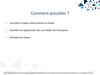 Comment procéder ?
12
• Considérer chaque salarié comme un média
• Identifier les opportunités liés aux métiers de l’entreprise
• Anticiper les risques
http://www.hbrfrance.fr/chroniques-experts/2014/12/5542-comment-gerer-la-prise-de-parole-des-salaries-sur-les-medias-sociaux/
 