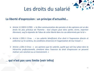 Les droits du salarié
La liberté d’expression : un principe d’actualité…
 Article 11 DDCH (1789) : « la libre communication des pensées et des opinions est un des
droits les plus précieux de l’homme : tout citoyen peut donc parler, écrire, imprimer
librement, sauf à répondre de l’abus de cette liberté dans les cas déterminés par la loi »
 Article L.2281-1 Ctrav : « Les salariés bénéficient d'un droit à l'expression directe et
collective sur le contenu, les conditions d'exercice et l'organisation de leur travail. »
 Article L.2281-3 Ctrav : « Les opinions que les salariés, quelle que soit leur place dans la
hiérarchie professionnelle, émettent dans l'exercice du droit d'expression ne peuvent
motiver une sanction ou un licenciement. »
… qui n’est pas sans limite (voir infra)
15
 