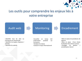 Les outils pour comprendre les enjeux liés à
votre entreprise
32
Audit web Monitoring Encadrement
• Identifier tous les sites ou
l’entreprise est mentionnée
• Identifier les leaders d’opinion /
activiste
• Identifier les salariés
• Surveiller en temps réel
l’information produite sur
l’entreprise
• Analyser les enjeux
• Evaluer le risque informationnel
• Mise en place de procédures de
réponse
• Mise en place d’une charte
d’utilisation des réseaux sociaux
• Stratégie de gestion /
sensibilisation interne
 