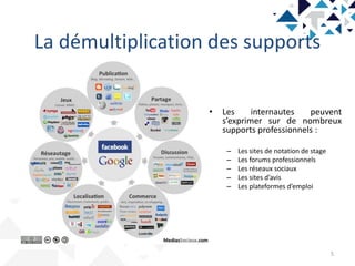 La démultiplication des supports
5
• Les internautes peuvent
s’exprimer sur de nombreux
supports professionnels :
– Les sites de notation de stage
– Les forums professionnels
– Les réseaux sociaux
– Les sites d’avis
– Les plateformes d’emploi
 