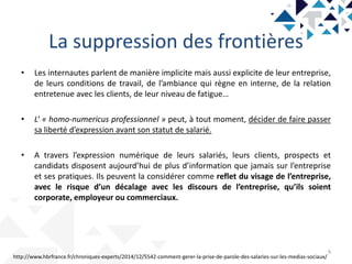 La suppression des frontières
9
• Les internautes parlent de manière implicite mais aussi explicite de leur entreprise,
de leurs conditions de travail, de l’ambiance qui règne en interne, de la relation
entretenue avec les clients, de leur niveau de fatigue…
• L’ « homo-numericus professionnel » peut, à tout moment, décider de faire passer
sa liberté d’expression avant son statut de salarié.
• A travers l’expression numérique de leurs salariés, leurs clients, prospects et
candidats disposent aujourd’hui de plus d’information que jamais sur l’entreprise
et ses pratiques. Ils peuvent la considérer comme reflet du visage de l’entreprise,
avec le risque d’un décalage avec les discours de l’entreprise, qu’ils soient
corporate, employeur ou commerciaux.
http://www.hbrfrance.fr/chroniques-experts/2014/12/5542-comment-gerer-la-prise-de-parole-des-salaries-sur-les-medias-sociaux/
 