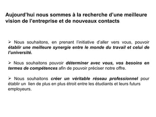 Aujourd’hui nous sommes à la recherche d’une meilleure
vision de l’entreprise et de nouveaux contacts


 Nous souhaitons, en prenant l’initiative d’aller vers vous, pouvoir
établir une meilleure synergie entre le monde du travail et celui de
l’université.

 Nous souhaitons pouvoir déterminer avec vous, vos besoins en
termes de compétences afin de pouvoir préciser notre offre.

 Nous souhaitons créer un véritable réseau professionnel pour
établir un lien de plus en plus étroit entre les étudiants et leurs futurs
employeurs.
 