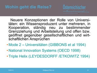 Neuere Konzeptionen der Rolle von Universi-täten: ein Wissensproduzent unter mehreren, in Kooperation, ständig neu zu bestimmender Grenzziehung und Arbeitsteilung und offen bzw. geöffnet gegenüber gesellschaftlichen und wirt-schaftlichen Ansprüchen Mode 2 – Universitäten (GIBBONS et al 1994) National Innovation Systems (OECD 1998) Triple Helix (LEYDESDORFF /ETKOWITZ 1994) Wohin geht die Reise? 