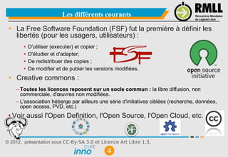 Les différents courants
 ➔   La Free Software Foundation (FSF) fut la première à définir les
     libertés (pour les usage...