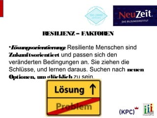 RESILIENZ – FAKTOREN 
•Lösungsorientierung: Resiliente Menschen sind 
Zukunftsorientiert und passen sich den 
veränderten Bedingungen an. Sie ziehen die 
Schlüsse, und lernen daraus. Suchen nach neuen 
Optionen, um glücklich zu sein. 
 