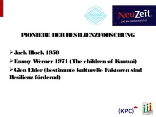 PIONIERE DER RESILIENZFORSCHUNG 
Jack Block 1950 
Emmy Werner 1971 (The children of Kauwai) 
Glen Elder (bestimmte kulturelle Faktoren sind 
Resilienz fördernd) 
 