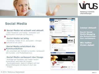 Social Media
                                                          Immer Aktuell
      Social Media ist schnell und aktuell
      (Über Facebook und Twitter verbreiten sich          Durch Social
     Nachrichten innerhalb von Minuten)                   Media Blogging
                                                          die Kommunika-
      Social Media ist billig                             tion verbessern
      (Facebook, Twitter & Co. sind gratis – Einziger
     Aufwand ist die Zeit!)                               Wir helfen
                                                          Ihnen dabei!
     Social Media erleichtert die
     Kommunikation
      (Es erleichtert den Kontakt zu Kunden. Verbessert
     den Kunden- und Produkteservice)

      Social Media verbessert das Image
      (Einträge bei Facebook und Twitter landen
     automatisch weit oben bei Google-
       Suchergebnissen, dadurch steigert sich der
     Bekanntheitsgrad und dadurch auch das
       Image)


© 2012 Webvirus Switzerland                                          Seite 13
 