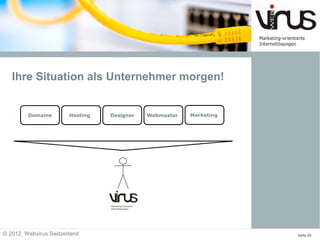 Ihre Situation als Unternehmer morgen!


        Domaine        Hosting   Designer   Webmaster   Marketing




© 2012 Webvirus Switzerland                                         Seite 08
 