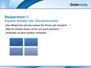 „Das Modell hat sich bei meiner Ex-Firma sehr bewährt …“
„Was für andere passt, ist für uns auch passend…“
„Verkäufer ist doch einfach Verkäufer…
Stolperstein 1:
Kopierte Modelle oder Standardmodelle
 