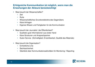 Erfolgreiche Kommunikation ist möglich, wenn man die
     Erwartungen der Akteure berücksichtigt
       Was braucht der Wissenschaftler?
        • Zeit
        • Ruhe
        • Wissenschaftliches Grundverständnis des Gegenübers
        • Klare Anfragen
        • Eigenes Wissen und Fertigkeiten für die Kommunikation

       Was braucht der Journalist / die Öffentlichkeit?
        • Qualitativ gute Informationen aus erster Hand
        • Klare Strukturen und Ansprechpartner
        • Guten Service (Schnelligkeit, Erreichbarkeit, Qualität des Materials)

       Was braucht die Organisation?
        • Einheitliche Linie
        • Rechtssicherheit
        • Überblick über Kommunikationsaktivitäten für Monitoring / Reporting




13
 
