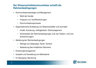 Der Wissenschaftskommunikator schafft die
     Rahmenbedingungen
       Kommunikationsstrategie und Management
         •   Wahl der Kanäle
         •   Frequenz von Veröffentlichungen
         •   Kommunikationsprozesse
       Organisatorische Entlastung von Wissenschaftler und Journalist
         •   Inhaltl. Zuordnung, Verfügbarkeit / Zeitmanagement
         •   Sicherstellen der Rahmenbedingungen (z.B. bei Telefon- und Live-
             Aufzeichnungen)
       Abklärung der Rahmenbedingungen
         •   Abfrage von Zielgruppe, Dauer, Kontext
         •   Absteckung des inhaltlichen Rahmens
       Erwartungsmanagement
       Auswahl und Verwaltung von Bildmaterial
       Im Nachgang: Monitoring

15
 