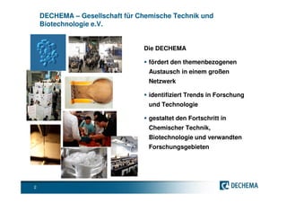 DECHEMA – Gesellschaft für Chemische Technik und
    Biotechnologie e.V.


                                Die DECHEMA

                                  fördert den themenbezogenen
                                  Austausch in einem großen
                                  Netzwerk

                                  identifiziert Trends in Forschung
                                  und Technologie

                                  gestaltet den Fortschritt in
                                  Chemischer Technik,
                                  Biotechnologie und verwandten
                                  Forschungsgebieten




2
 