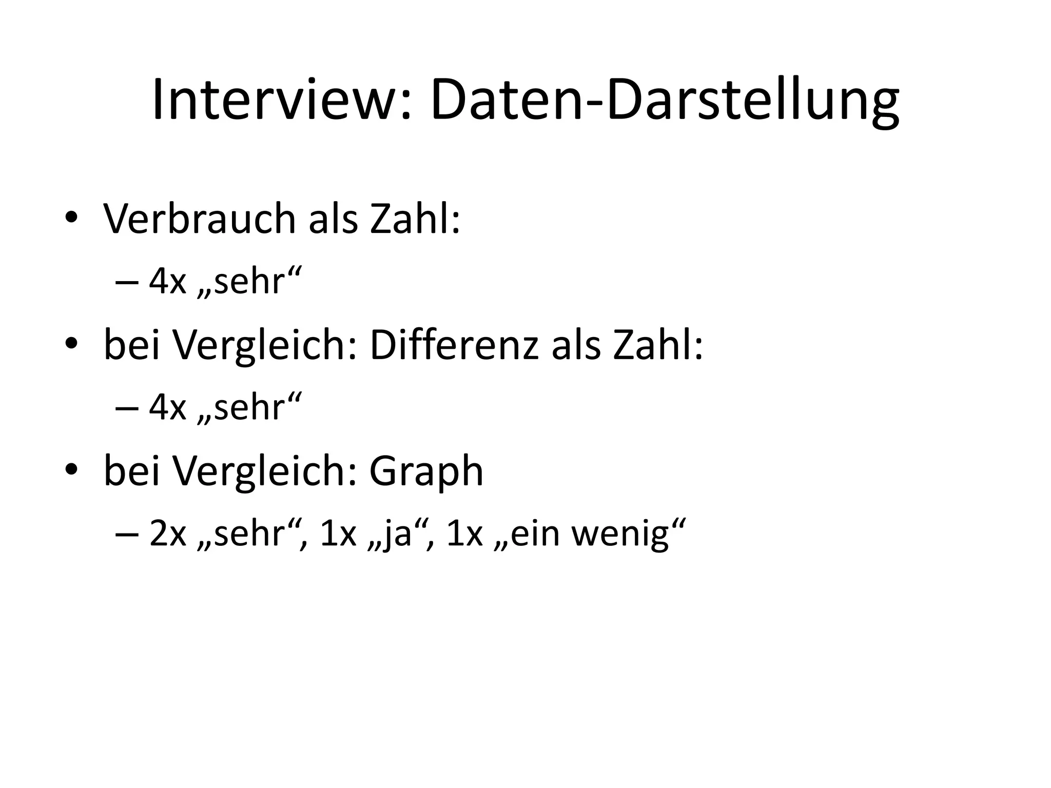 Interview: Daten-Darstellung
• Verbrauch als Zahl:
  – 4x „sehr“
• bei Vergleich: Differenz als Zahl:
  – 4x „sehr“
• bei Vergleich: Graph
  – 2x „sehr“, 1x „ja“, 1x „ein wenig“
 