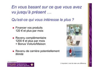 En vous basant sur ce que vous avez
vu jusqu’à présent …
Qu’est-ce qui vous intéresse le plus ?

  Financer vos produits
  120 € et plus par mois

  Revenu complémentaire
  1200 € et plus par mois
  + Bonus Voiture/Maison

  Revenu de carrière potentiellement
  illimité

                                                                                    12
                                       L’important, c’est de créer une différence
 