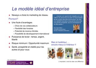 Le modèle idéal d’entreprise
  Neways a choisi le marketing de réseau             « … propose une opportunité inégalée pour des
                                                     millions de personnes de saisir la responsabilité
Pourquoi?                                            de leur propre bien-être économique, de créer
                                                     une stabilité financière à long terme et de créer
  Une foule d’avantages                              une grande prospérité, tout en enrichissant la
                                                     vie des autres »
    – Choix de vos collaborateurs
                                                     Paul Zane Pilzer ~
    – Flexibilité des horaires                       Conseiller Economique
                                                     de deux Présidents américains
    – Potentiel de revenus illimités
    – Possibilité de développement international
  Puissance de levier : temps, argent,
  liberté
  Risque minimum / Opportunité maximum             Bien à l’extérieur …
                                                   encore mieux à l’intérieur !!
  Santé, prospérité et vitalité pour les
  autres et pour vous




                                                                                                           3
                                                              L’important, c’est de créer une différence
 