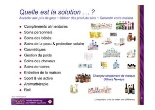 Quelle est la solution … ?
Accéder aux prix de gros ~ Utiliser des produits sûrs ~ Convertir votre maison

   Compléments alimentaires
   Soins personnels
   Soins des bébés
   Soins de la peau & protection solaire
   Cosmétiques
   Gestion du poids
   Soins des cheveux
   Soins dentaires
   Entretien de la maison
                                                  Changez simplement de marque
   Sport & vie active                                   Utilisez Neways
   Aromathérapie
   Roil

                                                                                                6
                                                   L’important, c’est de créer une différence
 