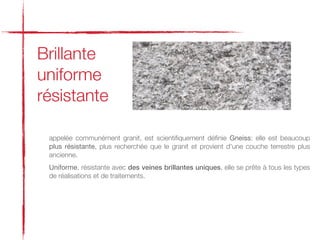 Brillante
uniforme
résistante

 appelée communément granit, est scientiﬁquement déﬁnie Gneiss: elle est beaucoup
 plus résistante, plus recherchée que le granit et provient d'une couche terrestre plus
 ancienne.
 Uniforme, résistante avec des veines brillantes uniques, elle se prête à tous les types
 de réalisations et de traitements.
 