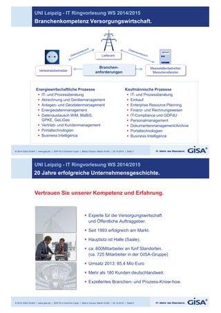 UNI Leipzig - IT Ringvorlesung WS 2014/2015 
Branchenkompetenz Versorgungswirtschaft. 
Verteilnetzbetreiber 
© 2014 GISA GmbH | www.gisa.de | SAP IS-U Common Layer | Marco Caruso, Martin Knoth | 22.10.2014 | Seite 7 
Messstellenbetreiber 
Messdienstleister 
Lieferant 
Branchen-anforderungen 
Energiewirtschaftliche Prozesse 
§ IT- und Prozessberatung 
§ Abrechnung und Gerätemanagement 
§ Anlagen- und Geodatenmanagement 
§ Energiedatenmanagement 
§ Datenaustausch WiM, MaBiS, 
GPKE, GeLiGas 
§ Vertrieb- und Kundenmanagement 
§ Portaltechnologien 
§ Business Intelligence 
Kaufmännische Prozesse 
§ IT- und Prozessberatung 
§ Einkauf 
§ Enterprise Resource Planning 
§ Finanz- und Rechnungswesen 
§ IT-Compliance und GDPdU 
§ Personalmanagement 
§ Dokumentenmanagement/Archive 
§ Portaltechnologien 
§ Business Intelligence 
UNI Leipzig - IT Ringvorlesung WS 2014/2015 
20 Jahre erfolgreiche Unternehmensgeschichte. 
Vertrauen Sie unserer Kompetenz und Erfahrung. 
§ Experte für die Versorgungswirtschaft 
und Öffentliche Auftraggeber. 
§ Seit 1993 erfolgreich am Markt. 
§ Hauptsitz ist Halle (Saale). 
§ ca. 600Mitarbeiter an fünf Standorten. 
(ca. 725 Mitarbeiter in der GISA-Gruppe) 
§ Umsatz 2013: 85,4 Mio Euro 
§ Mehr als 180 Kunden deutschlandweit. 
§ Exzellentes Branchen- und Prozess-Know-how. 
© 2014 GISA GmbH | www.gisa.de | SAP IS-U Common Layer | Marco Caruso, Martin Knoth | 22.10.2014 | Seite 8 
 