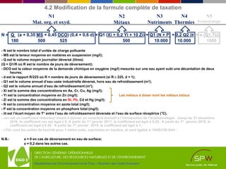 Département de l’Environnement et de l’Eau - Direction des Outils financiers
4.2 Modification de la formule complète de taxation
N = Q (a + 0,35 MS + 0,45 DCO) (0,4 + 0,6 d) + Q1 (Xi + 0,2 Yi + 10 Zi) + Q1 (N + P) + 0,2 Q2 δt + e.(Q1.TU)
180 500 525 500 10.000 10.000 1000
- N est le nombre total d’unités de charge polluante
- MS est la teneur moyenne en matières en suspension (mg/l);
- Q est le volume moyen journalier déversé (litres)
(Q = Q1/R où R est le nombre de jours de déversement);
- DCO est la valeur moyenne de la demande chimique en oxygène (mg/l) mesurée sur une eau ayant subi une décantation de deux
heures;
- d est le rapport R/225 où R = nombre de jours de déversement (si R ≥ 225, d = 1);
- Q1 est le volume annuel d’eau usée industrielle déversé, hors eau de refroidissement (m³);
- Q2 est le volume annuel d’eau de refroidissement (m³);
- Xi est la somme des concentrations en As, Cr, Cu, Ag (mg/l);
- Yi est la concentration moyenne en Zn (mg/l); Les métaux à doser sont les métaux totaux
- Zi est la somme des concentrations en Ni, Pb, Cd et Hg (mg/l);
- N est la concentration moyenne en azote total (mg/l);
- P est la concentration moyenne en phosphore total (mg/l);
- δt est l’écart moyen de T° entre l’eau de refroidissement déversée et l’eau de surface réceptrice (°C).
- «e» est un coefficient réducteur visant à donner un caractère évolutif à l’introduction de l’écotoxicologie. Jusqu’au 31 décembre
2016, le coefficient «e» est égal à 0. A partir du 1er janvier 2017, le coefficient est égal à 0,25. A partir du 1er janvier 2018, le
coefficient est égal à 0,50. A partir du 1er janvier 2019, le coefficient est égal à 1 ;
- «TU» sont les unités de toxicité pour 1 mètre cube, exprimées en équitox, et sont égales à 100/EC50-24hr ;
N.B.: a = 0 en cas de déversement en eau de surface;
a = 0,2 dans les autres cas.
N4
Thermies
N3
Nutriments
N2
Métaux
N1
Mat. org. et oxyd.
N5
Ecotoxicologie
 