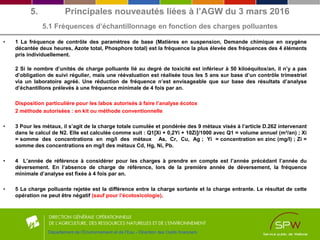 • 1 La fréquence de contrôle des paramètres de base (Matières en suspension, Demande chimique en oxygène
décantée deux heures, Azote total, Phosphore total) est la fréquence la plus élevée des fréquences des 4 éléments
pris individuellement.
2 Si le nombre d’unités de charge polluante lié au degré de toxicité est inférieur à 50 kiloéquitox/an, il n’y a pas
d’obligation de suivi régulier, mais une réévaluation est réalisée tous les 5 ans sur base d’un contrôle trimestriel
via un laboratoire agréé. Une réduction de fréquence n’est envisageable que sur base des résultats d’analyse
d’échantillons prélevés à une fréquence minimale de 4 fois par an.
Disposition particulière pour les labos autorisés à faire l’analyse écotox
2 méthode autorisées : en kit ou méthode conventionnelle
• 3 Pour les métaux, il s’agit de la charge totale cumulée et pondérée des 9 métaux visés à l’article D.262 intervenant
dans le calcul de N2. Elle est calculée comme suit : Q1[Xi + 0,2Yi + 10Zi]/1000 avec Q1 = volume annuel (m³/an) ; Xi
= somme des concentrations en mg/l des métaux As, Cr, Cu, Ag ; Yi = concentration en zinc (mg/l) ; Zi =
somme des concentrations en mg/l des métaux Cd, Hg, Ni, Pb.
• 4 L’année de référence à considérer pour les charges à prendre en compte est l’année précédant l’année du
déversement. En l’absence de charge de référence, lors de la première année de déversement, la fréquence
minimale d’analyse est fixée à 4 fois par an.
• 5 La charge polluante rejetée est la différence entre la charge sortante et la charge entrante. Le résultat de cette
opération ne peut être négatif (sauf pour l’écotoxicologie).
Département de l’Environnement et de l’Eau - Direction des Outils financiers
5. Principales nouveautés liées à l’AGW du 3 mars 2016
5.1 Fréquences d’échantillonnage en fonction des charges polluantes
 