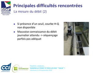 Taxation, analyses...
FAISONS LE POINT À TOUS LES NIV' "EAUX" !
Libramont, le 16 septembre 2016
Principales difficultés rencontrées
 Si présence d’un seuil, courbe H-Q
non disponible
 Mauvaise connaissance du débit
journalier attendu -> séquençage
parfois pas adéquat
La mesure du débit (2)
 