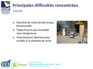 Taxation, analyses...
FAISONS LE POINT À TOUS LES NIV' "EAUX" !
Libramont, le 16 septembre 2016
Principales difficultés rencontrées
 Chambre de visite étroite et peu
fonctionnelle
 Taque d’accès peu maniable
voire dangereuse
 Cheminement laborieux pour
accéder à la chambre de visite
L’accès
 