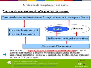 Département de l’Environnement et de l’Eau - Direction des Outils financiers
Services Utilisations
Prélèvements, rejets, pollutions diffuses
Altérations de l’état des eaux
Coûts pour l’environnement
Coûts pour les ressources
Taxes et redevances environnementales à charge des secteurs économiques utilisateurs
Coûts environnementaux et coûts pour les ressources:
mise en place d’un dispositif de taxes et redevances environnementales qui met les
coûts environnementaux et les coûts pour les ressources à charge des secteurs
économiques utilisateurs à l’origine de la dégradation de l’état des eaux, en application
du principe du pollueur-payeur
1. Principe de récupération des coûts
 