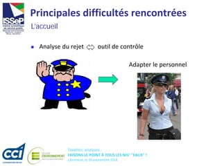Taxation, analyses...
FAISONS LE POINT À TOUS LES NIV' "EAUX" !
Libramont, le 16 septembre 2016
Principales difficultés rencontrées
 Analyse du rejet outil de contrôle
L’accueil
Adapter le personnel
 