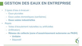 GESTION DES EAUX EN ENTREPRISE
• 3 types d’eau à évacuer :
– Eaux pluviales
– Eaux usées domestiques (sanitaires).
– Eaux usées industrielles
• Rejets
– Voies d’écoulement naturelles ou artificielles
– (Infiltration)
– Réseau de collecte (zone d’assainissement autonome au PASH)
• Unitaire
• Séparatif
 