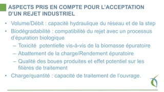 ASPECTS PRIS EN COMPTE POUR L’ACCEPTATION
D’UN REJET INDUSTRIEL
• Volume/Débit : capacité hydraulique du réseau et de la step
• Biodégradabilité : compatibilité du rejet avec un processus
d’épuration biologique
– Toxicité potentielle vis-à-vis de la biomasse épuratoire
– Abattement de la charge/Rendement épuratoire
– Qualité des boues produites et effet potentiel sur les
filières de traitement
• Charge/quantité : capacité de traitement de l’ouvrage.
 