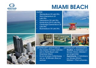 MIAMI BEACH
KURSE:
• Standardkurs 20 Lekt./Wo.
• Semi-Intensivkurs 24
   Lekt./Wo.
• Intensivkurs 30 Lekt./Wo.
• Kombi-Kurs 20+5 Lekt./Wo.
• Cambridge Examenskurs 30
   Lekt./Wo.
• Businesskurs 30 Lekt./Wo.




UNTERKUNFT GASTFAMILIE:         UNTERKUNFT RESIDENZEN:
• Die meisten Familien befinden • Studios: In Gehdistanz zur
   sich in North Beach oder        Schule (10min). Möbiliert +
   Downtown Miami                  gut eingerichtet.
• Es ist mit einem Anfahrtsweg • Apartments: In Gehdistanz
   von ca. 30 Minuten (Bus) zu     zur Schule (20min).
   rechnen                         Möbiliert + Pool vorhanden.
 