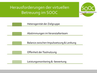 Herausforderungen der virtuellen
Betreuung im SOOC
Heterogenität der Zielgruppe
Abstimmungen imVeranstalterteam
Balance zwischen Impulssetzung & Lenkung
Offenheit derToolnutzung
Leistungsmonitoring & -bewertung
 