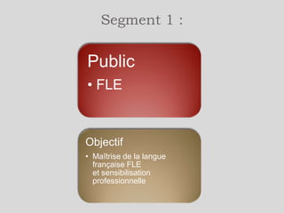 Segment 1

Prestation d’évaluation
linguistique et professionnelle
Prestation de formation

 