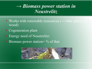 ->  Biomass power station in Neustrelitz Works with renewable ressources (-> little pieces of wood) Cogeneration plant Energy need of Neustrelitz: Biomass power station= % of that 