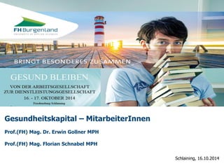 Schlaining, 16.10.2014 
Gesundheitskapital – MitarbeiterInnen 
Prof.(FH) Mag. Dr. Erwin Gollner MPH 
Prof.(FH) Mag. Florian Schnabel MPH  