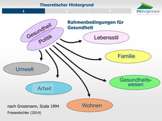 Theoretischer Hintergrund 
1 
2 
3 
Lebensstil 
Familie 
Gesundheits- wesen 
Wohnen 
Arbeit 
Umwelt 
Friesenbichler (2014) 
nach Grossmann, Scala 1994 
Rahmenbedingungen für Gesundheit  
