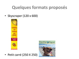 Quelques formats proposés
• Skyscraper (120 x 600)




• Petit carré (250 X 250)
 