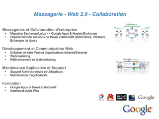 1. Présentation
EConsulting
              Messagerie - Web 2.0 - Collaboration

Messageries et Collaboration d'entreprise
 •   Migration Exchange/Lotus => Google Apps & Hosted Exchange
 •   Déploiement de solutions de travail collaboratif (Webinaires, Intranets,
     Echanges de docs)

Développement et Communication Web
 •   Création de sites Web et d'applications Intranet/Extranet
 •   Webmastering
 •   Référencement et Webmarketing

Maintenance Applicative et Support
 •   Support Administrateurs et Utilisateurs
 •   Maintenance d'applications

Formation
 •   Google Apps et travail collaboratif
 •   Internet et outils Web
 