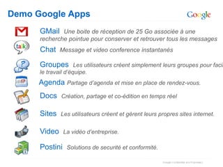 Demo Google Apps
      GMail Une boite de réception de 25 Go associée à une
      recherche pointue pour conserver et retrouver tous les messages
      Chat Message et video conference instantanés
      Groupes        Les utilisateurs créent simplement leurs groupes pour facil
      le travail d’équipe.
      Agenda Partage d’agenda et mise en place de rendez-vous.
      Docs    Création, partage et co-édition en temps réel


      Sites   Les utilisateurs créent et gèrent leurs propres sites internet.


      Video     La vidéo d’entreprise.

      Postini    Solutions de securité et conformité.
 