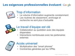 Les exigences professionnelles évoluent

         Trop d’information
         • Le volume d’information augmente constamment
         • Les routines de classement, archivage et
           recherche ne sont plus d’actualité


         Le travail d’équipe est clé
         • Collaboration au quotidien avec des équipes
           dispersées
         • Interactions nombreuses avec les partenaires
           externes

         Accès universel
         • Multiplication des “smart phones”
         • Contraintes générées par les VPNs
 