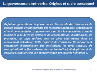 La gouvernance d’entreprise: Origines et cadre conceptuel
5Gouvernance d'entreprise: Essai de synthèse et éléments d'analy...
