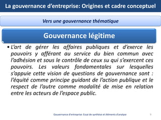 La gouvernance d’entreprise: Origines et cadre conceptuel
9Gouvernance d'entreprise: Essai de synthèse et éléments d'analy...