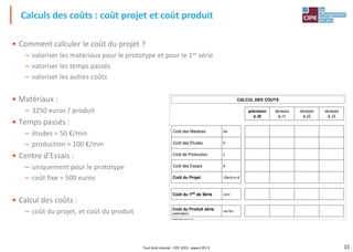 15Tout droit réservé - CIPE 2015 - www.CIPE.fr
• Comment calculer le coût du projet ?
– valoriser les matériaux pour le prototype et pour le 1er série
– valoriser les temps passés
– valoriser les autres coûts
• Matériaux :
– 3250 euros / produit
• Temps passés :
– études = 50 €/min
– production = 100 €/min
• Centre d'Essais :
– uniquement pour le prototype
– coût fixe = 500 euros
• Calcul des coûts :
– coût du projet, et coût du produit
Calculs des coûts : coût projet et coût produit
CALCUL DES COUTS
Plateau Projet®, licence n°100
prévision
à J0
révision
à J1
révision
à J2
révision
à J3
Coût des Matières 2a
Coût des Études b
Coût de Production c
Coût des Essais d
Coût du Projet =2a+b+c+d
Coût du 1ER de Série =a+c
Coût du Produit série
(estimation)
=a+%c
 