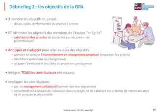 44Tout droit réservé - CIPE 2015 - www.CIPE.fr
• Atteindre les objectifs du projet
– délais, coûts, performances du produit / service
• ET Atteindre les objectifs des membres de l'équipe "intégrée"
– satisfaction des attentes de toutes les parties prenantes
(contributeurs)
• Anticiper et s'adapter pour aller au-delà des objectifs
– prendre en compte l'environnement en changement perpétuel (impactant les projets)
– identifier rapidement les changements
– adapter l'évolution et les cibles du projet en conséquence
• Intégrer TOUS les contributeurs nécessaires
• Impliquer les contributeurs
– par un management collaboratif permettant leur alignement
– en permettant à chacun de s'épanouir dans le projet, et de satisfaire ses attentes de reconnaissance
et de croissance personnelle
Débriefing 2 : les objectifs de la GPA
 