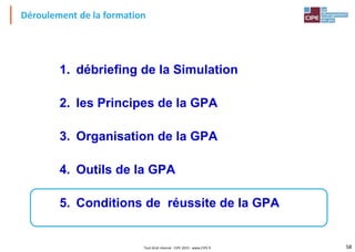 58Tout droit réservé - CIPE 2015 - www.CIPE.fr
Déroulement de la formation
1. débriefing de la Simulation
2. les Principes de la GPA
3. Organisation de la GPA
4. Outils de la GPA
5. Conditions de réussite de la GPA
 