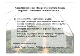 Caractéristiques des films pour couverture de serre
      Propriétés Transmission Lumineuse dans l’UV


• Le rayonnement UV se compose de 3 types:
   – UV-A (380-315 nm) en partie nécessaire à la vision des
      insectes (nuisibles ou utiles) A aussi une influence sur la
      croissance des plantes
   – UV-B (315-280 nm) fortement dégradant pour le film et
      les plantes
   – UV-C (280-100 nm) non présent dans le spectre solaire
      qui atteint la terre (filtrer par la couche d’ozone)



L'intensité des UV varie avec
la latitude, l'heure, la saison, l'altitude, la couverture nuageuse……..
                                G Pichon
 
