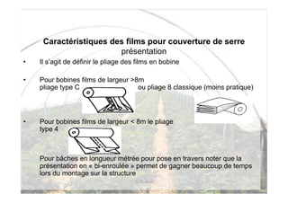 Caractéristiques des films pour couverture de serre
                        présentation
•   Il s’agit de définir le pliage des films en bobine

•   Pour bobines films de largeur >8m
    pliage type C                   ou pliage 8 classique (moins pratique)




•   Pour bobines films de largeur < 8m le pliage
    type 4



    Pour bâches en longueur métrée pour pose en travers noter que la
    présentation en « bi-enroulée » permet de gagner beaucoup de temps
    lors du montage sur la structure
                                      G Pichon
 